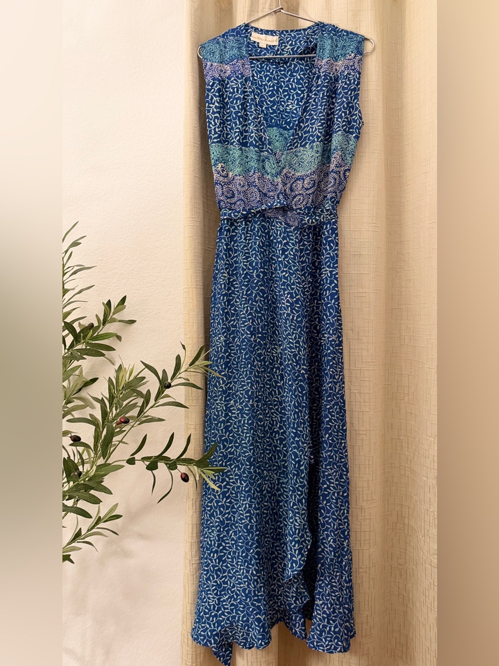 Natalie Martin Handmade Blue Printed Asymmetrical Maxi Silk Dress